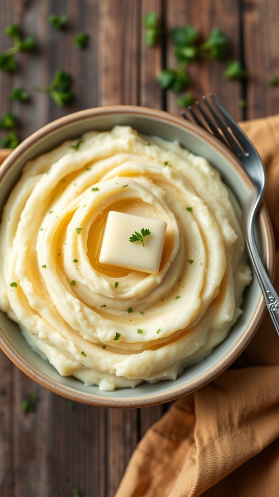 A bowl of creamy mashed potatoes with butter and parsley on a wooden table.